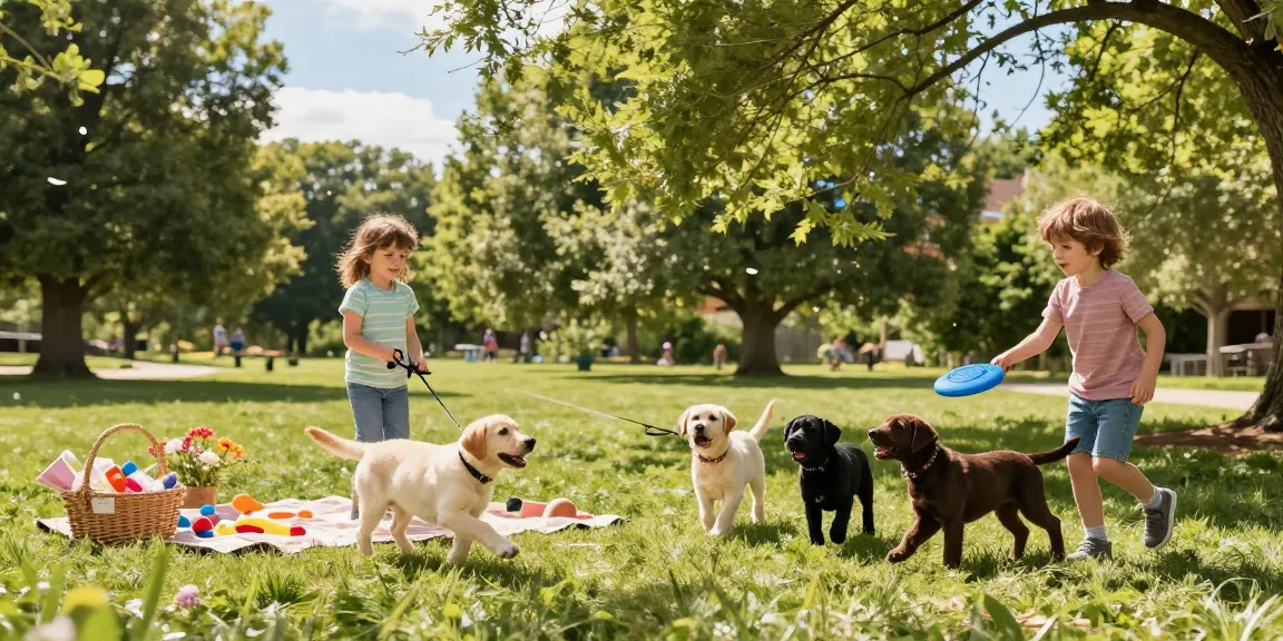 Labradors for sale - Family enjoying playtime with happy Labrador puppies in a sunny park, capturing joyful moments.