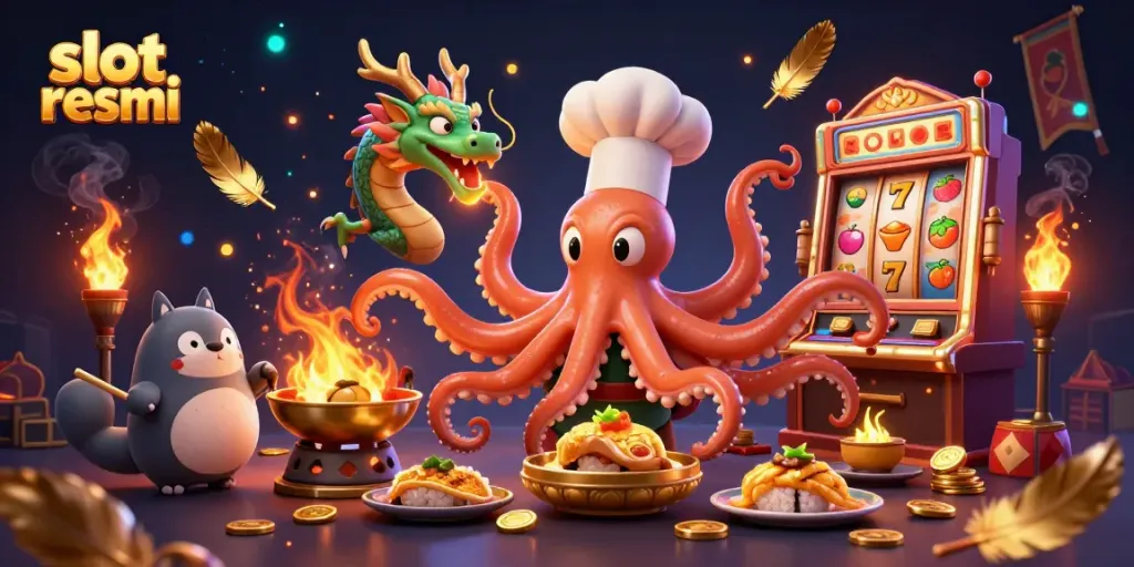 Engaging illustration depicting slot resmi with an octopus chef and a dragon in a vibrant casino scene.