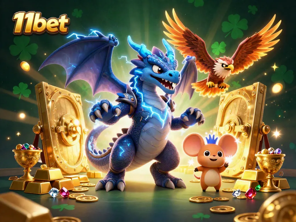 Bet big with 11bet: Dynamic 3D scene showcasing thrilling casino adventures with gold and gems.
