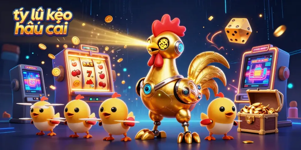 Engage with tỷ lệ kèo nhà cái in a vibrant, dynamic casino scene featuring a golden robot rooster and baby chick drones.