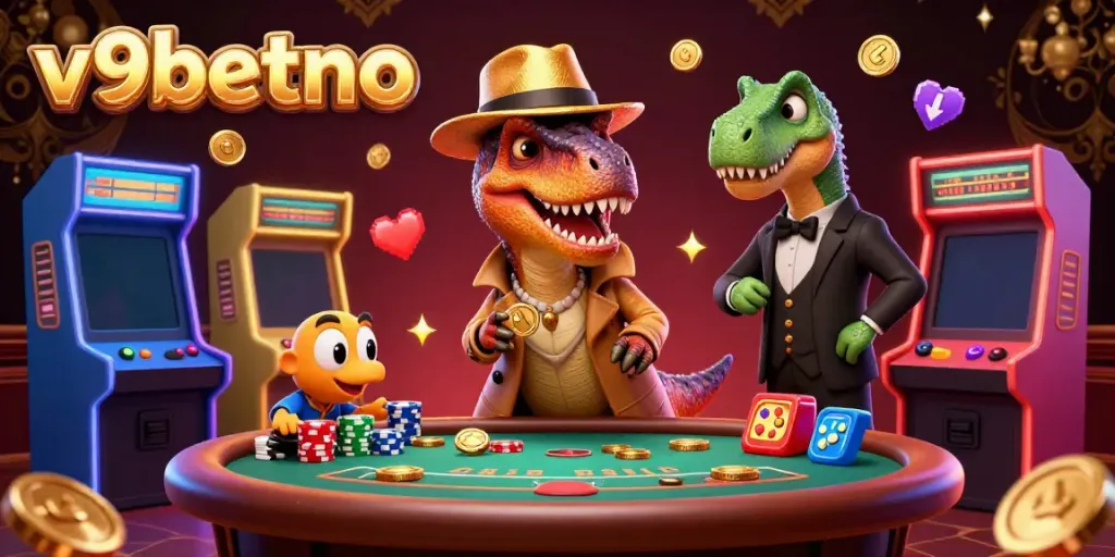 Experience thrilling gameplay at v9betno with a whimsical velociraptor card counter at a dynamic casino table.