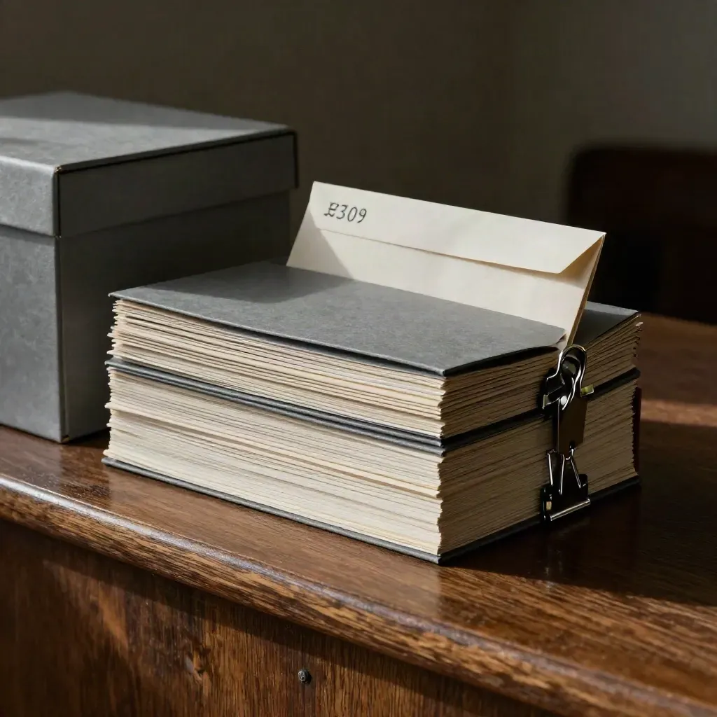 Litigation case bundle with tab dividers, archive box, clips and envelope on a dark oak ledge.