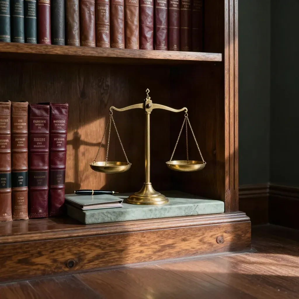 Brass scales and law books in a rain-lit solicitor library alcove