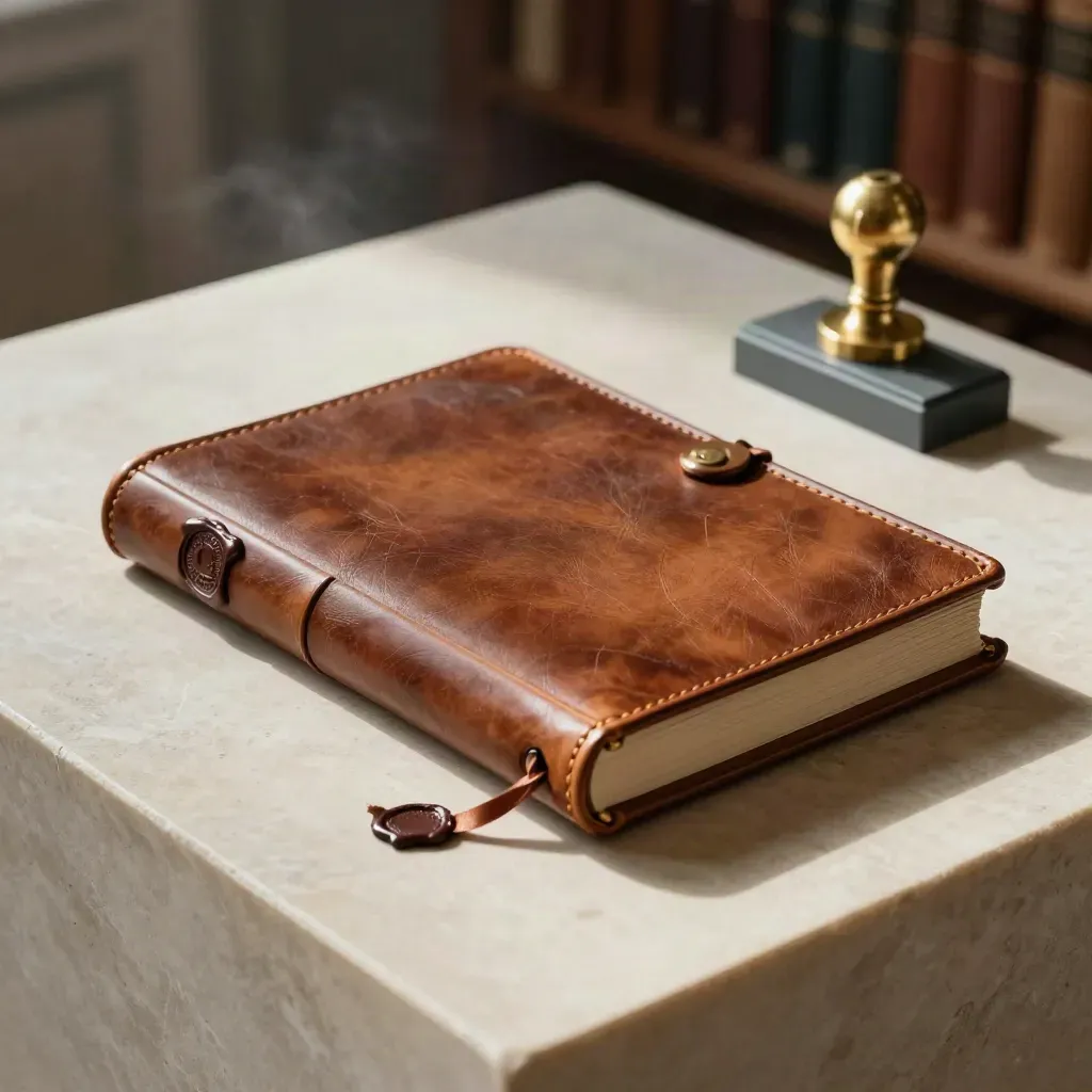 Leather folio, wax seal and brass clasp on pale stone in a quiet archive room.