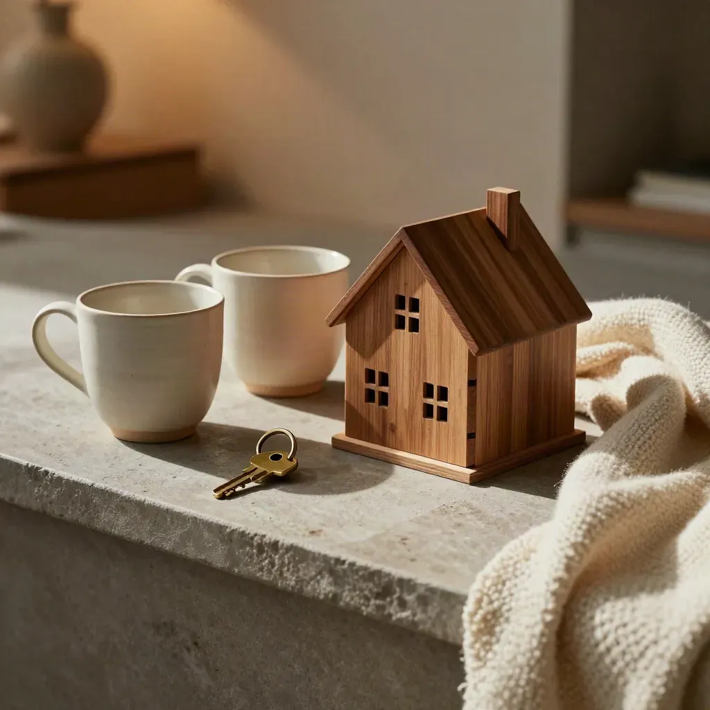 Cups, wooden house, key ring and folded blanket on a stone sill in warm window light