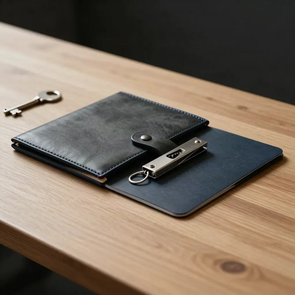 Employment advice pouch, case folder and steel paperknife on brushed oak in soft side light.