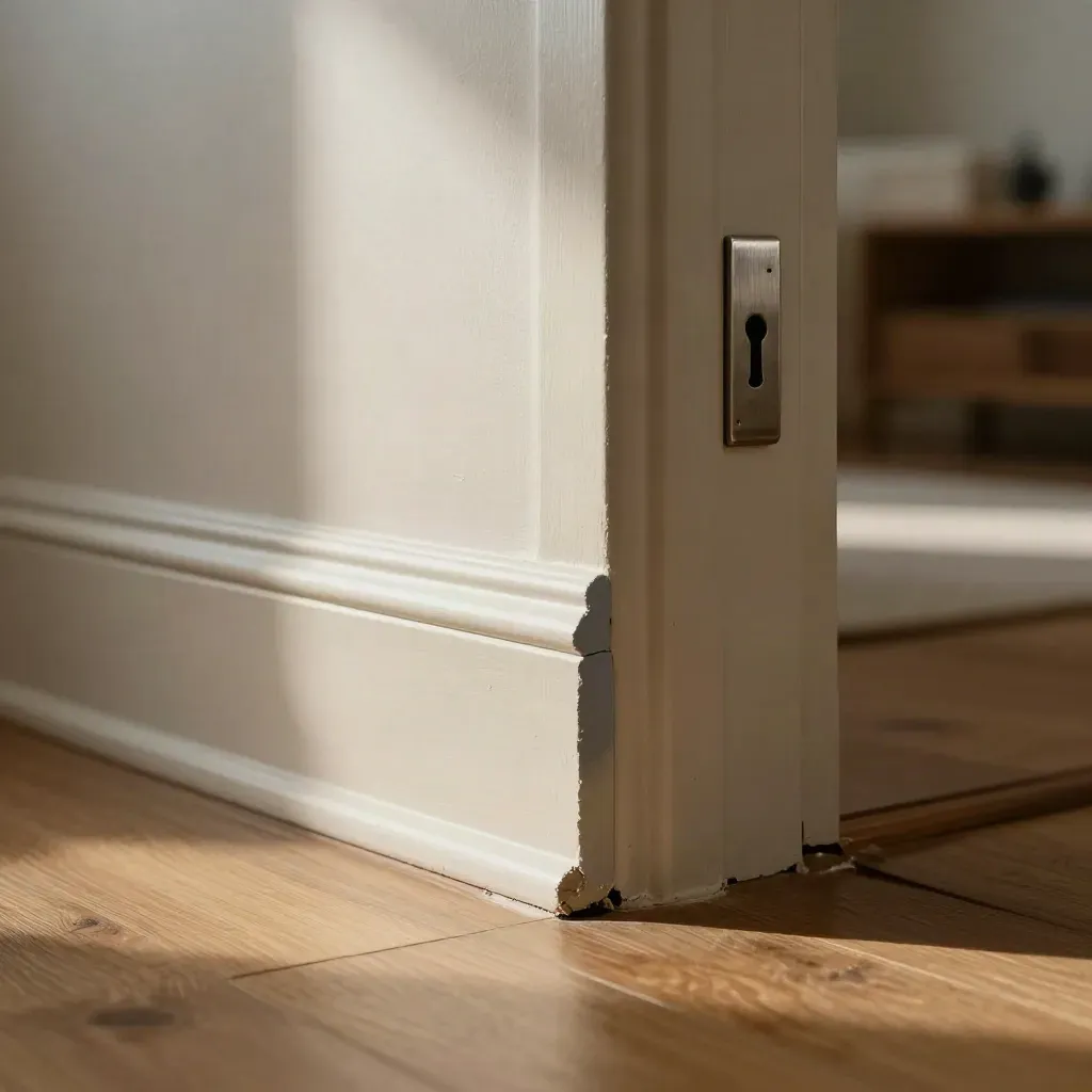 Freshly repaired rental hallway with painted skirting, restored door edge and calm doorway glow