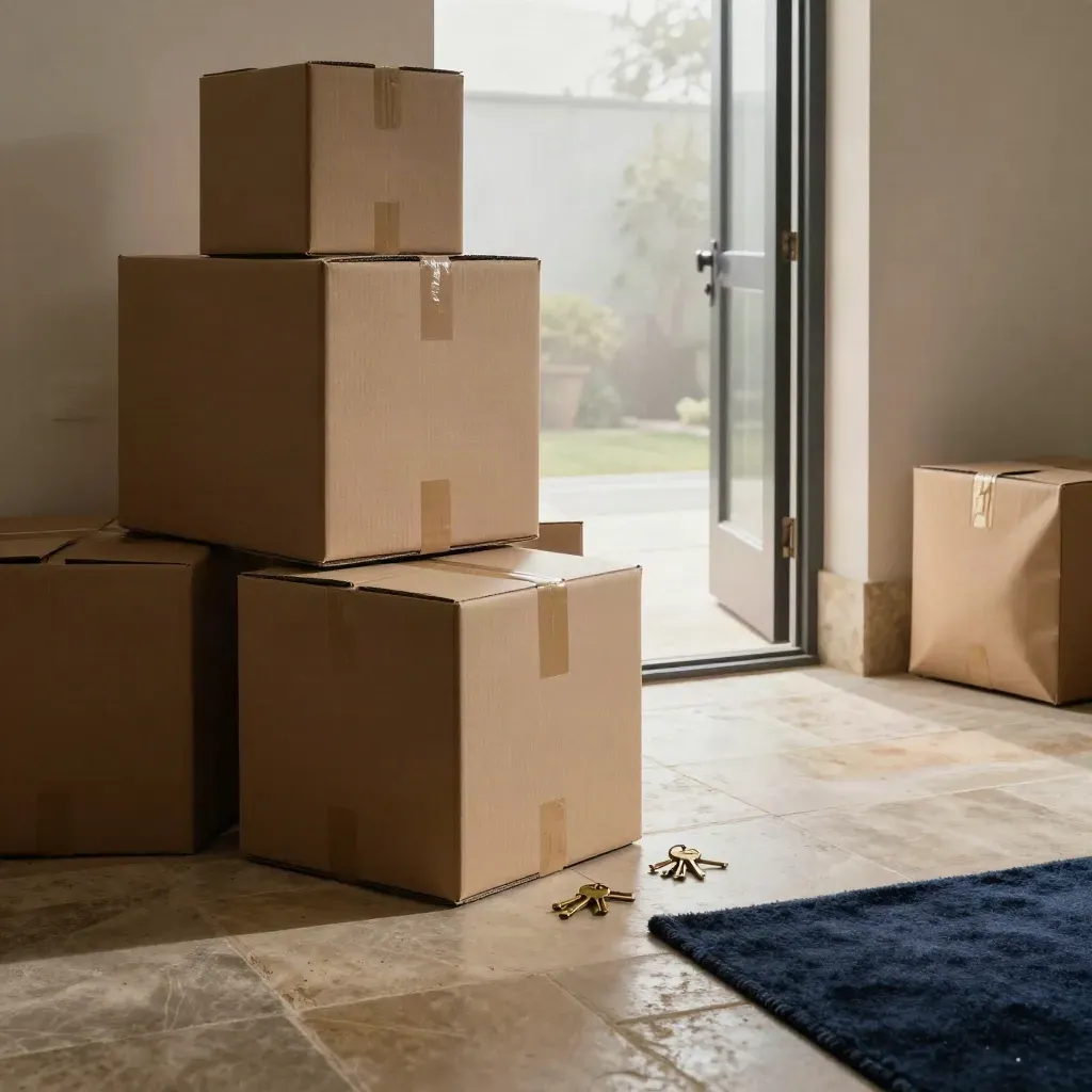 Low hallway view of boxes, keys and a completion pouch by an open terrace door