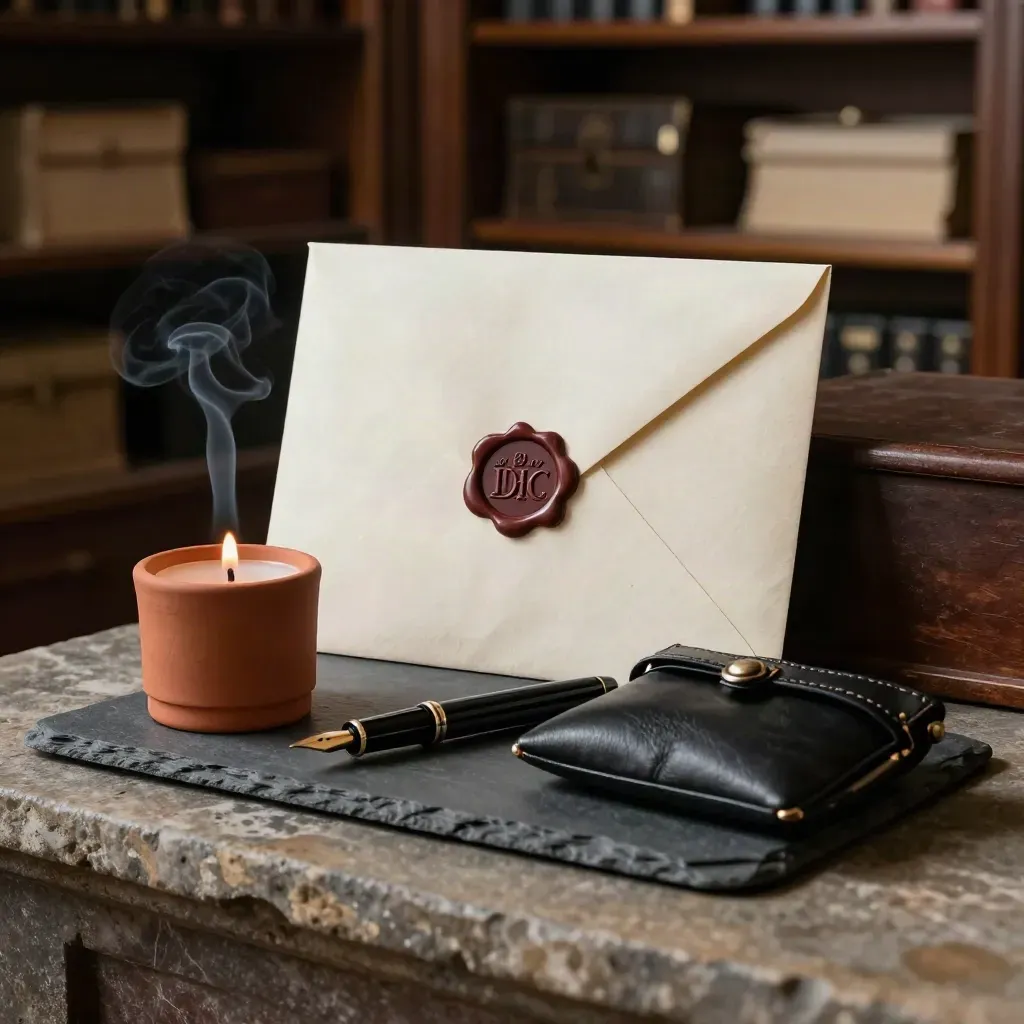 Wills and probate still life with wax-sealed envelope, candle, ribbon and leather pouch on dark stone.
