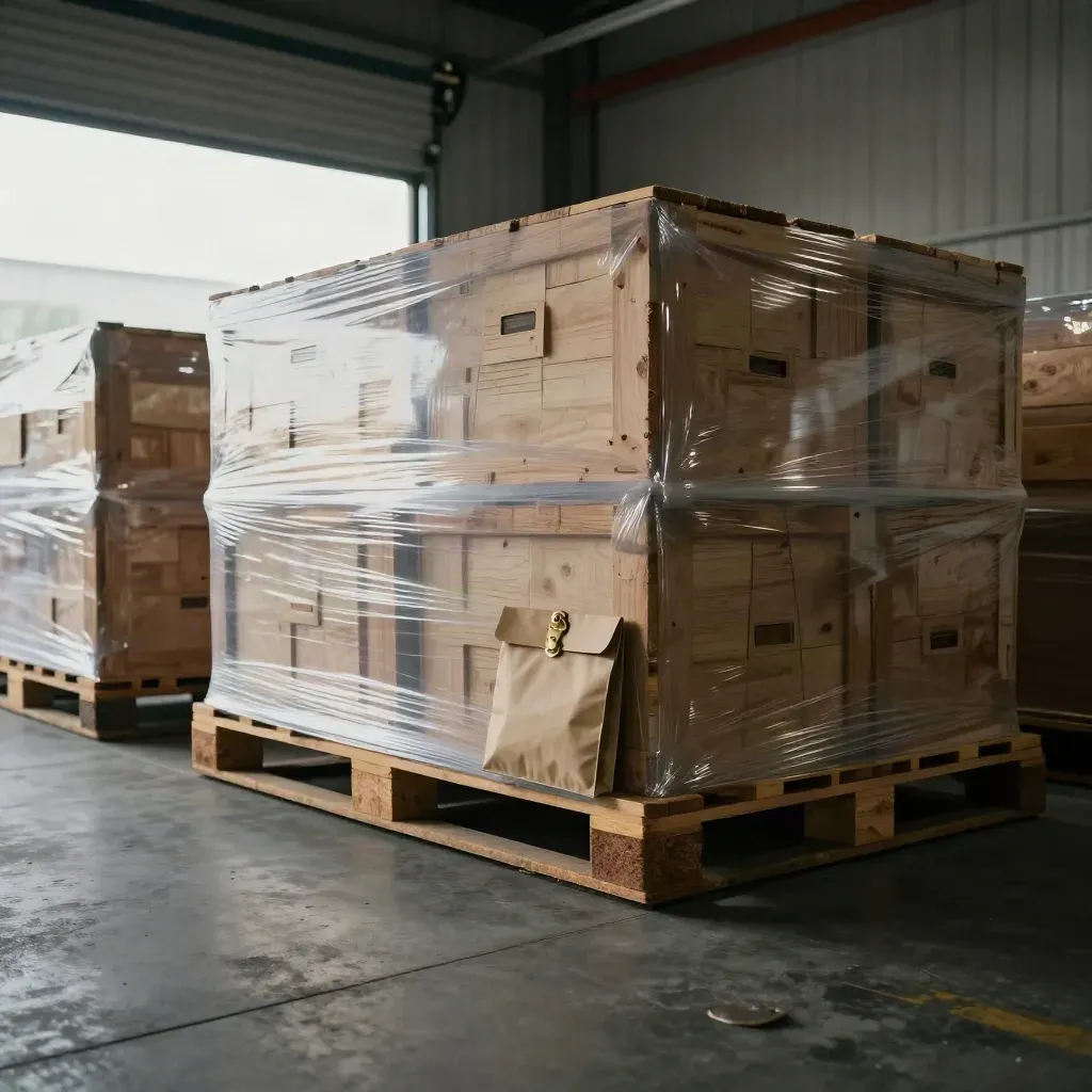 Wrapped crates and a sealed legal pouch in a warehouse loading bay with daylight