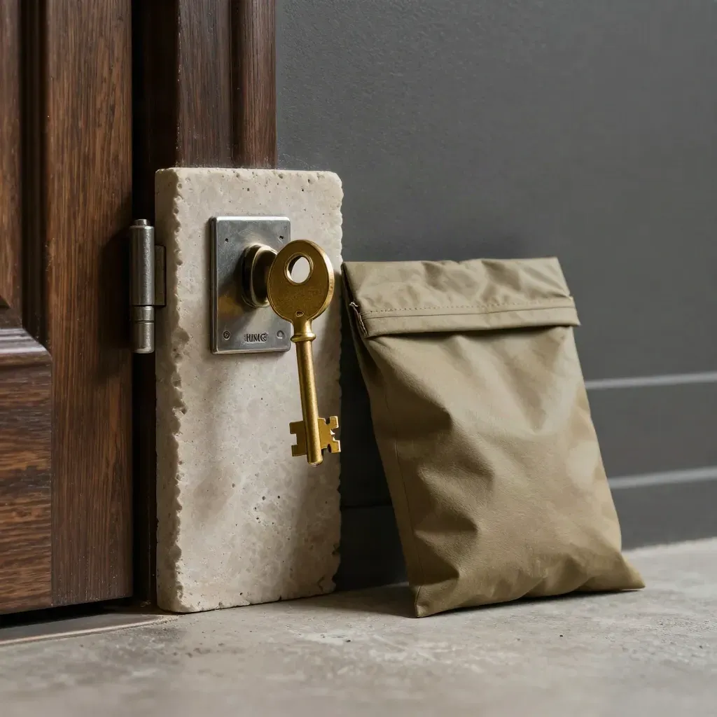 Brass key turns in a latch beside limestone and a sealed completion pouch on pale concrete.