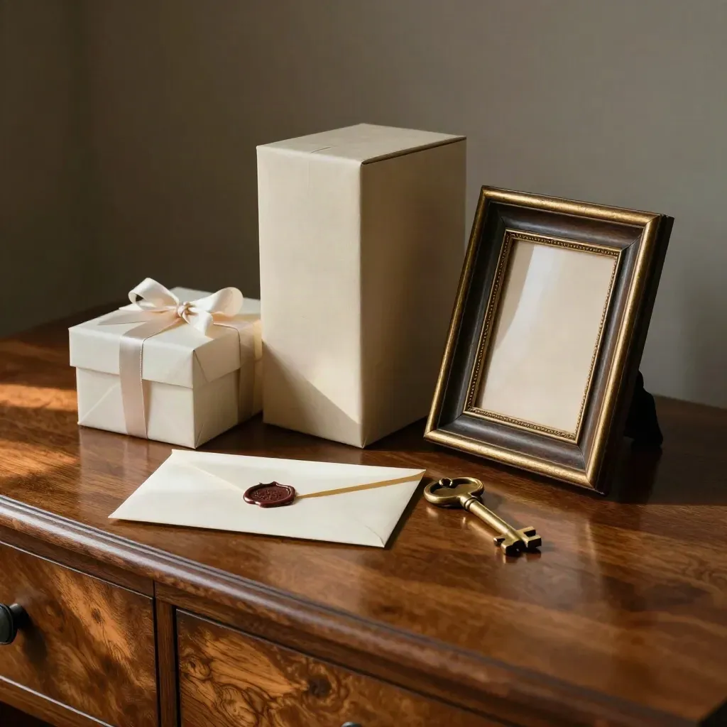 Sealed will envelope, brass key, ribbon-tied archive box and heirloom frame on a polished sideboard.