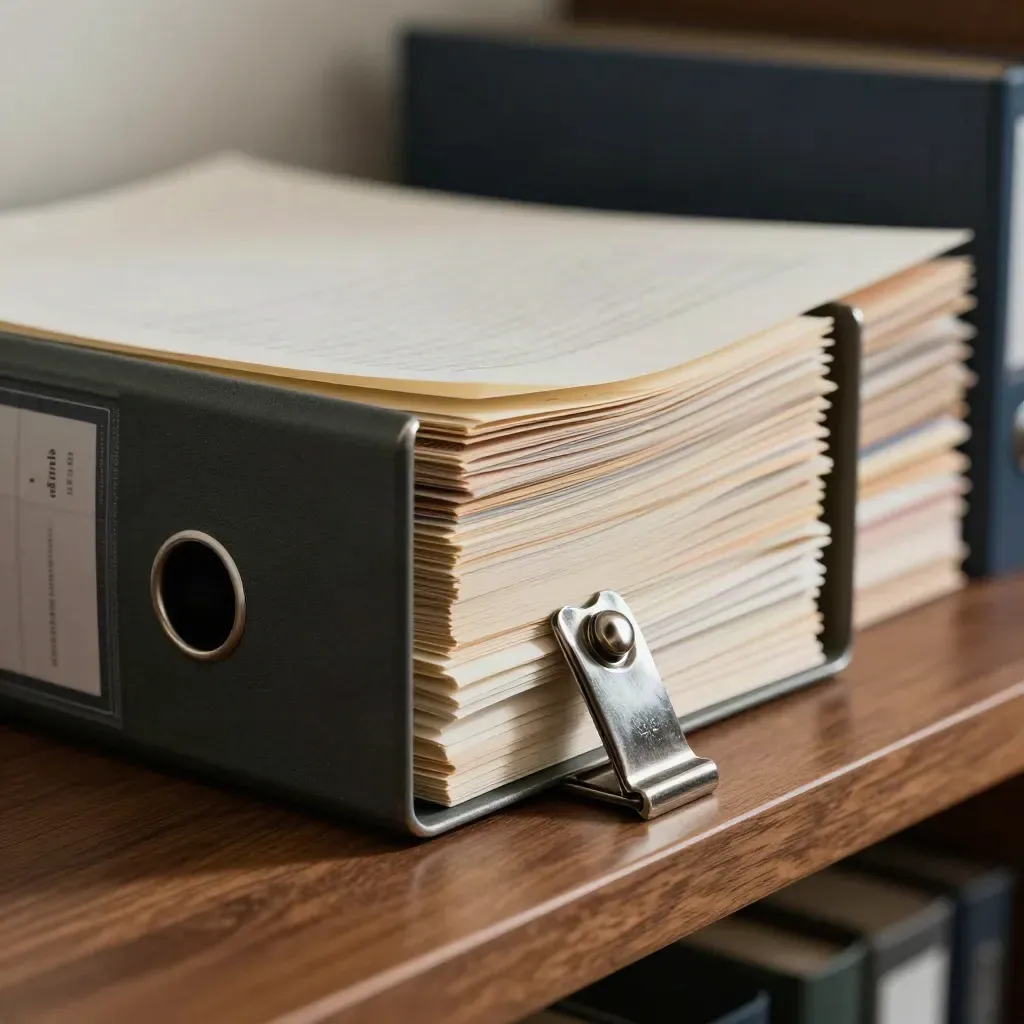 Steel archive clip gripping legal files on a walnut shelf with navy tab accents.