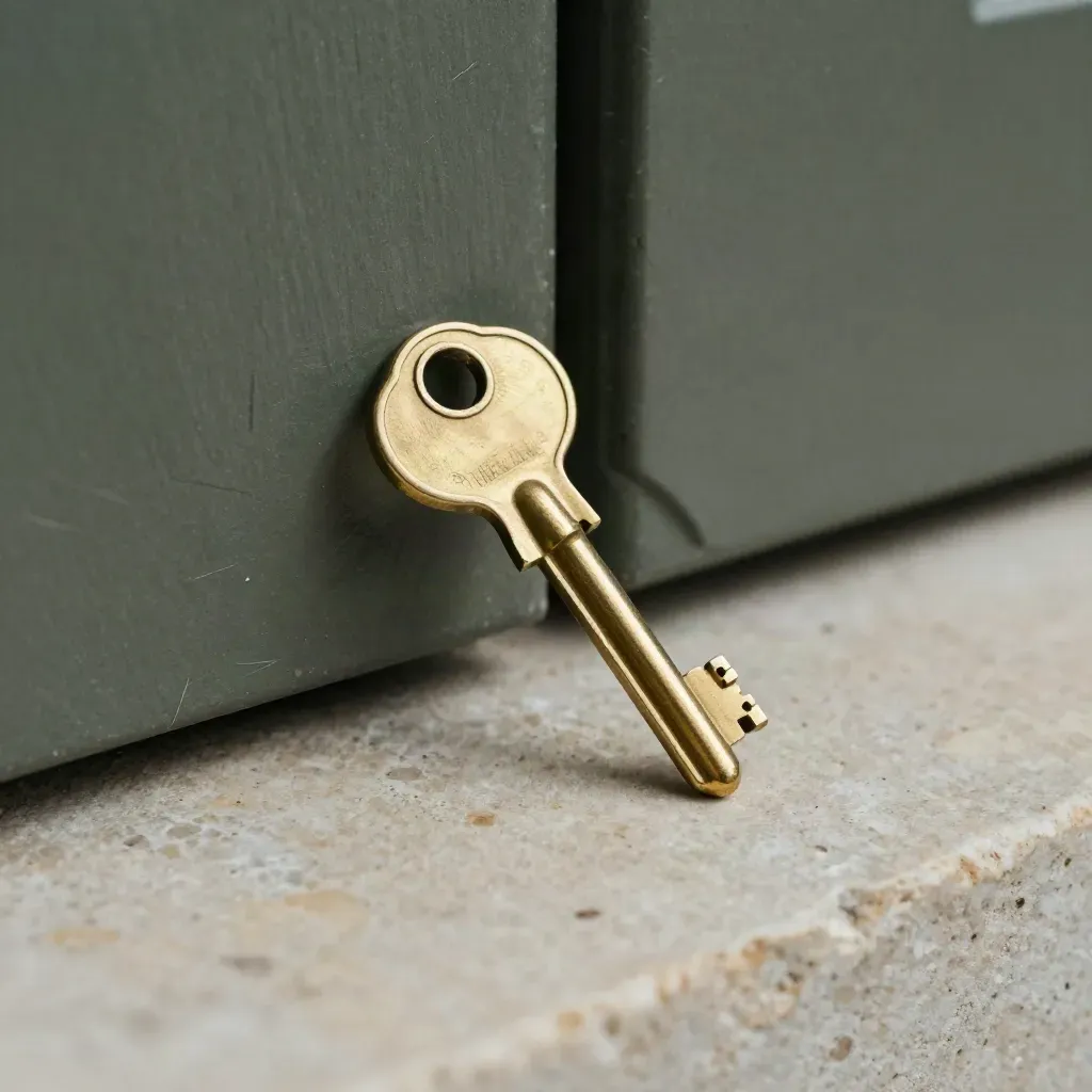 Brass house key nudging a matte latch plate on limestone under a sharp white flare.