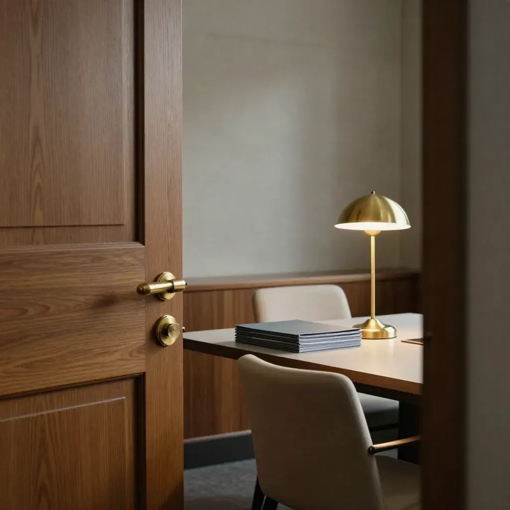 Quiet legal office with closed door, stacked folders, glowing lamp and chair settling back.