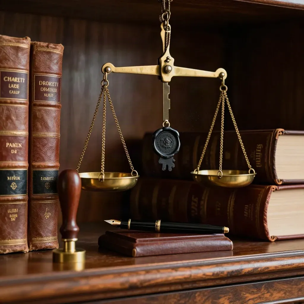 Brass scales with law books, wax seal stamp and pen nib on a dark oak library shelf.