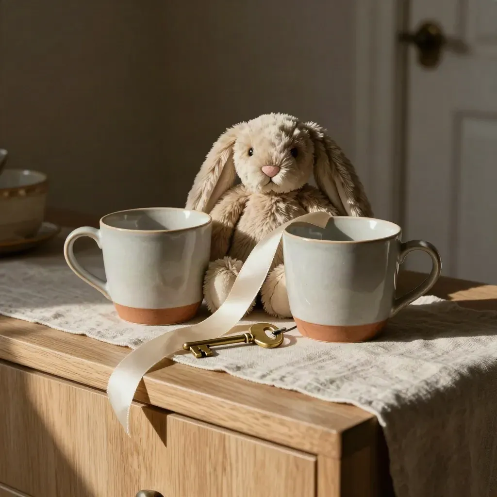 Ceramic cups, toy rabbit, house key and cream ribbon on an oak sideboard in warm low light.