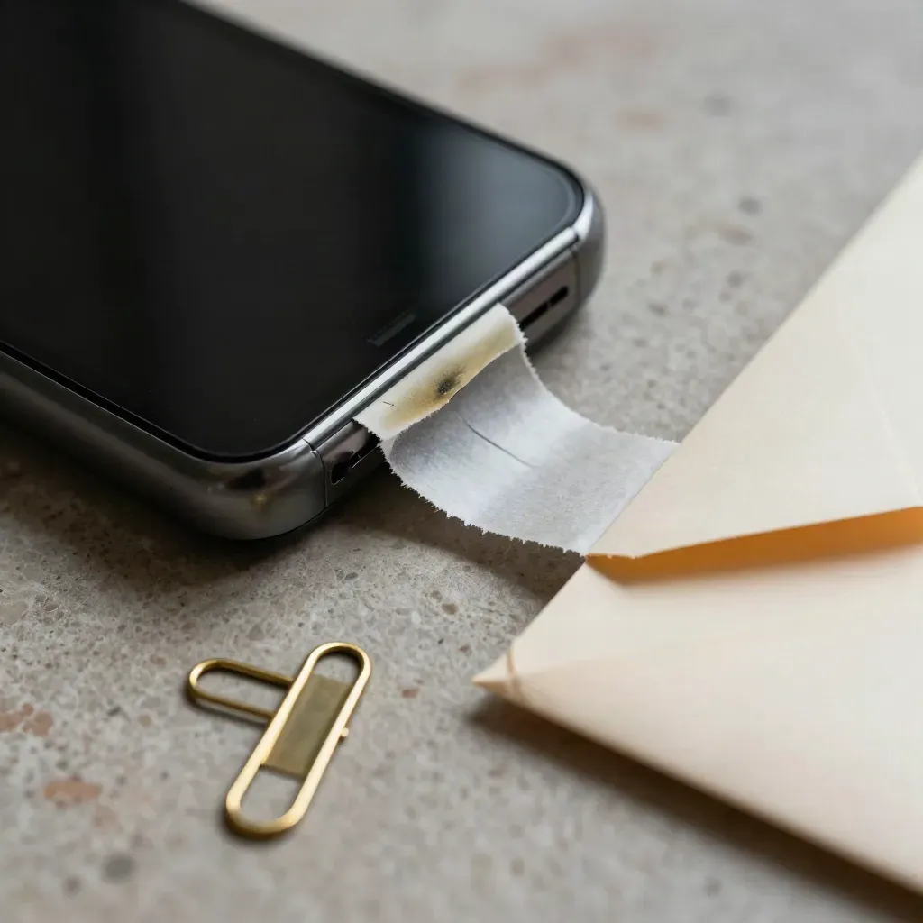 Face-down phone, torn seal, brass clip and open envelope on stone in a tense macro still-life.
