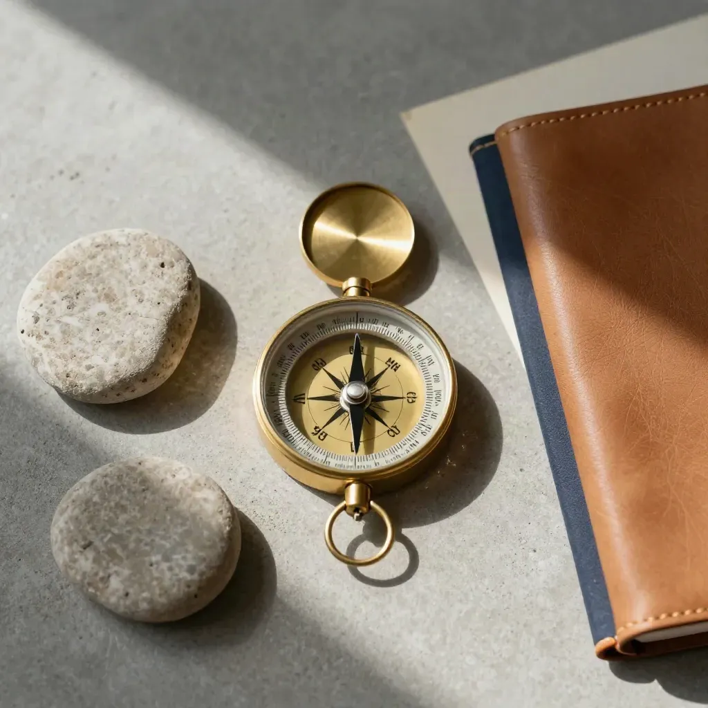 Polished brass compass with route stones and leather notebook on soft concrete.