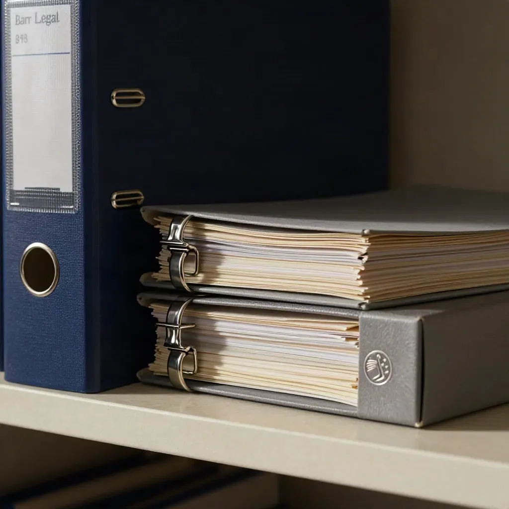 Legal binder, steel clips and archival box on a shelf in soft side light.