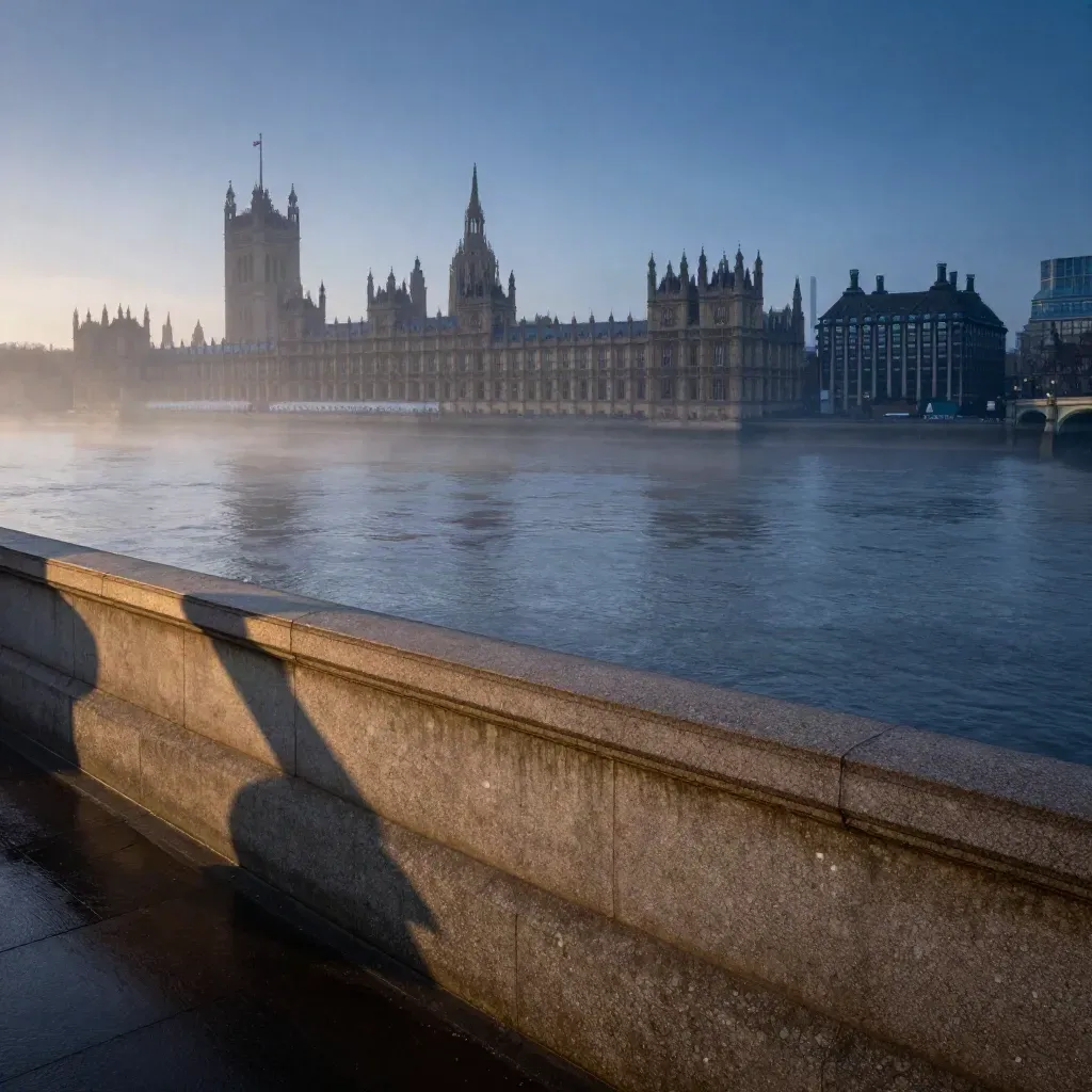 Westminster skyline and Thames mist at blue hour above a calm river, viewed from high above.