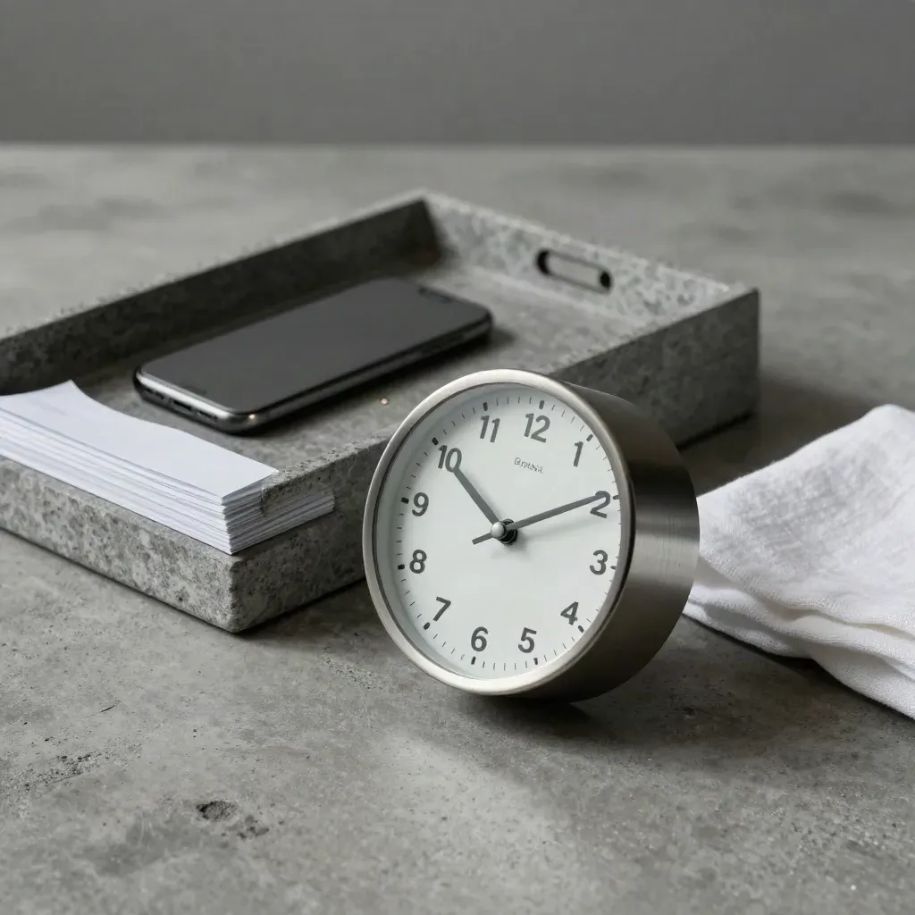 Stone tray with desk clock, mail tray and face-down phone under soft side light