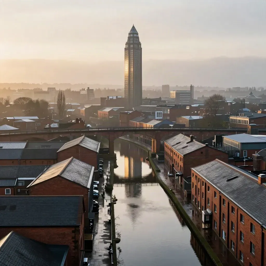 Greater Manchester canalside sunrise with Beetham Tower, brick viaducts and mist over wet water