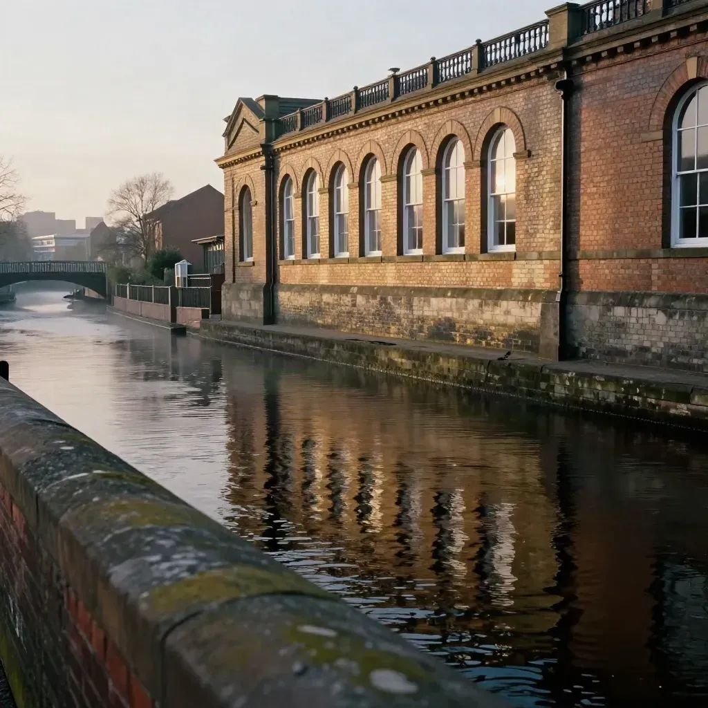 Victorian canal frontage above dark Birmingham water in warm evening haze