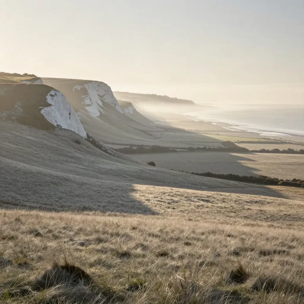 South East England chalk downs glowing at sunrise with sea mist over a quiet coastal plain.