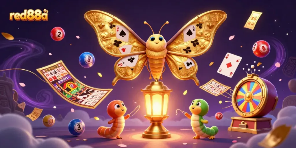 Engage with red88a's vibrant lottery experience featuring a 3D moth and enchanting casino elements.