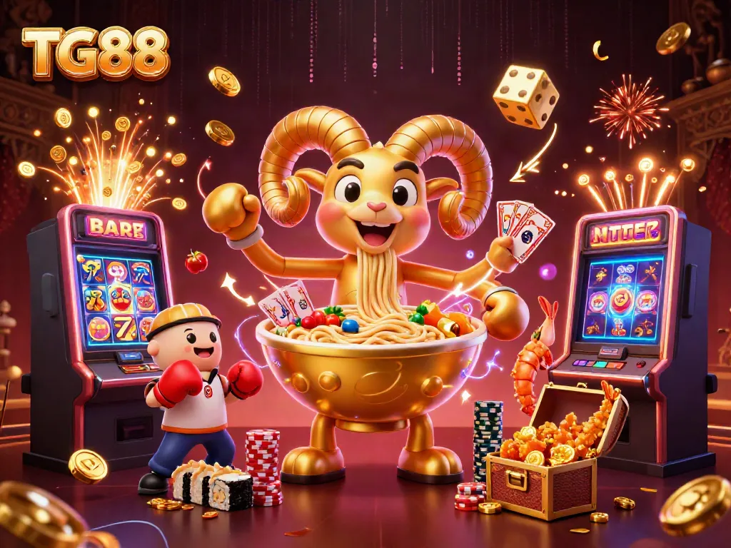 Experience dynamic gameplay at TG88 with a vibrant 3D casino scene blending fun characters and exciting slot elements.