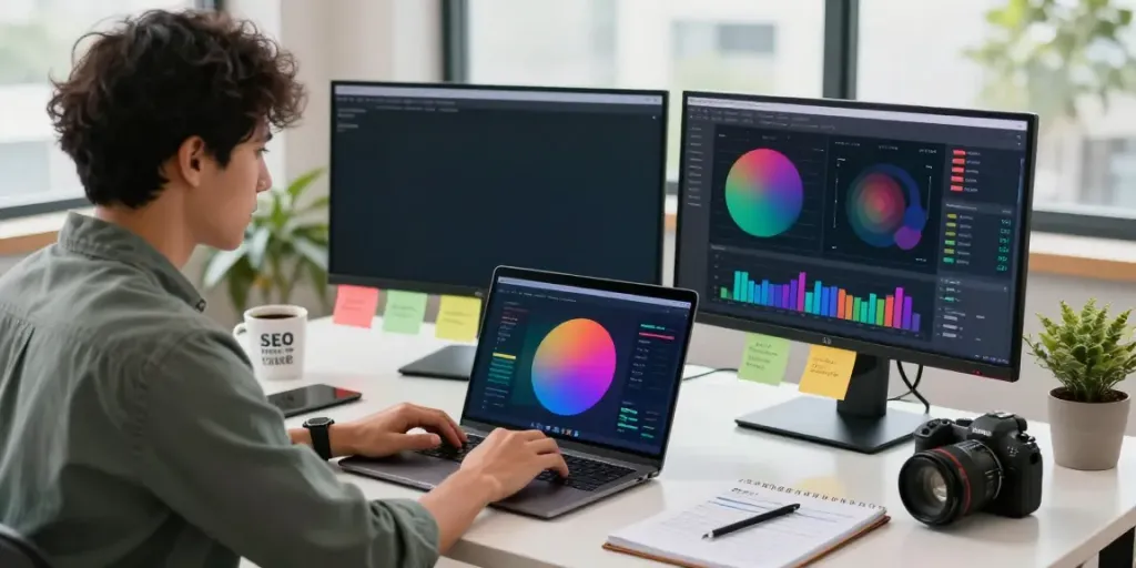 Instant indexing strategies illustrated in a vibrant digital marketing workspace.