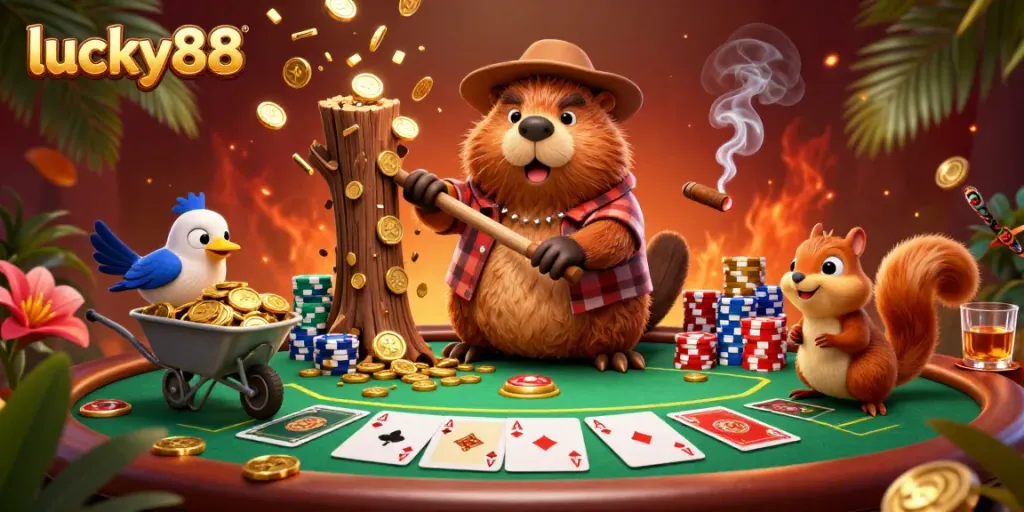 Engage with lucky88 in an energetic casino scene featuring a cartoon beaver and friends collecting golden coins.