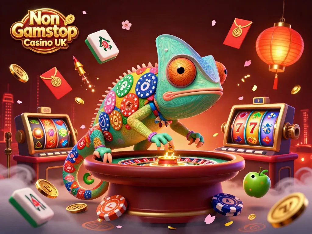Experience the thrill of Non Gamstop Casino UK with our vibrant chameleon-themed illustration of lively casino elements.