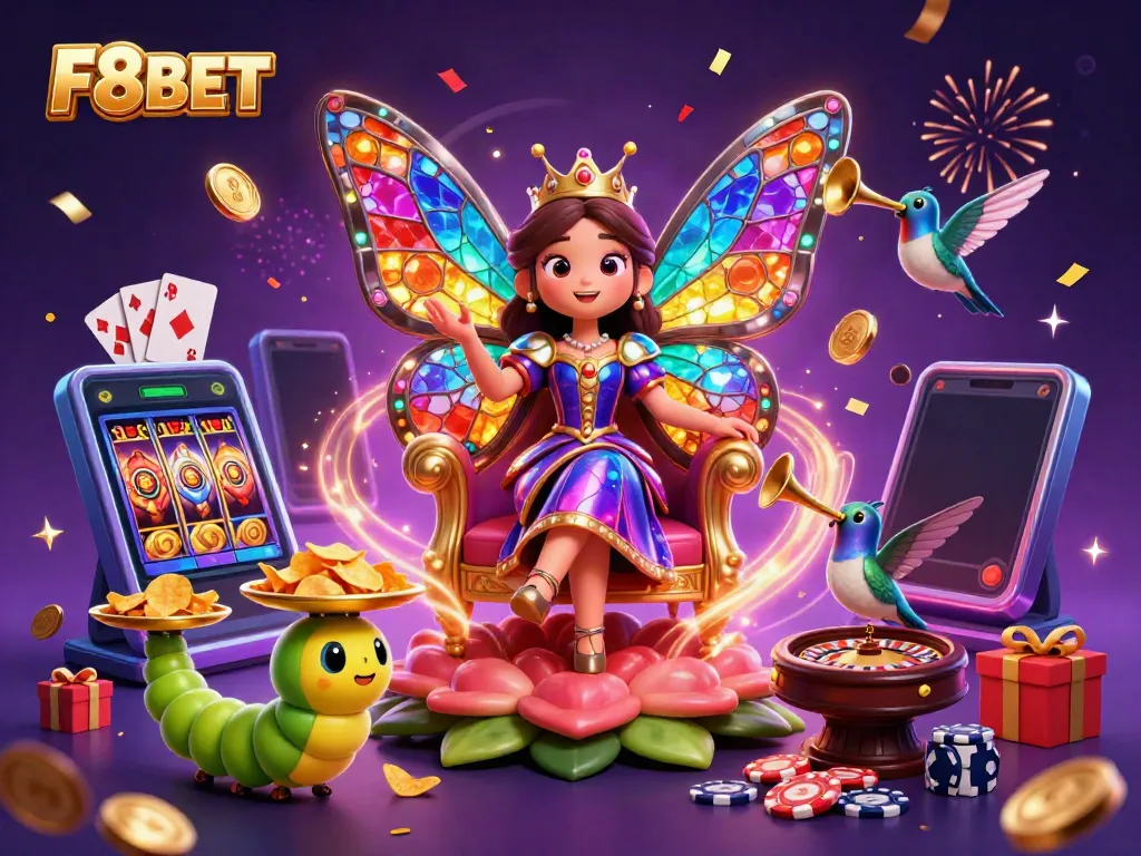 Experience the vibrant world of F8BET with a colorful 3D scene of games and characters celebrating.