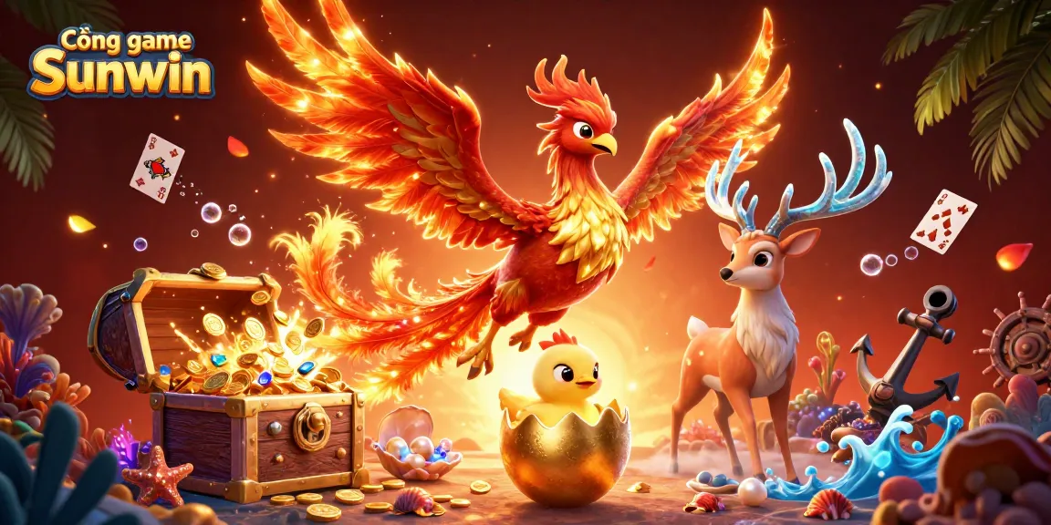Cổng game Sunwin showcases a vibrant 3D phoenix scene filled with gold coins and vibrant gems in an engaging casino environment.
