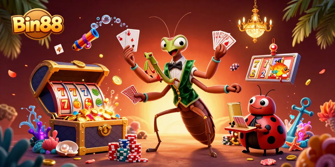 Bin88 showcases a lively casino scene with a giant praying mantis as a card sharp in an exhilarating card game.