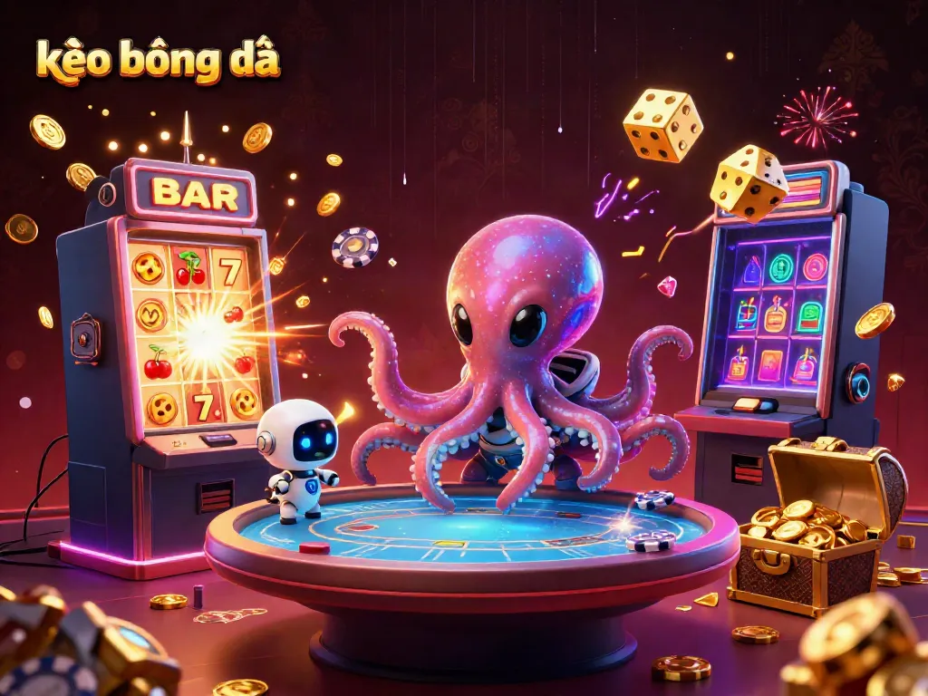 Engage in kèo bóng đá with an alien octopus and robot at a colorful casino scene.