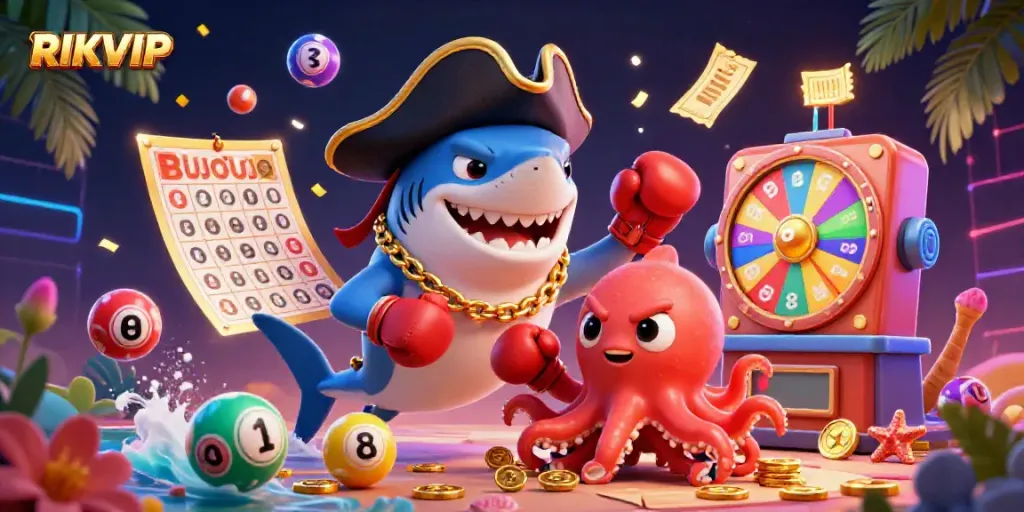Experience RIKVIP as a pirate shark, pufferfish, and octopus celebrate with lottery balls and exciting prizes.