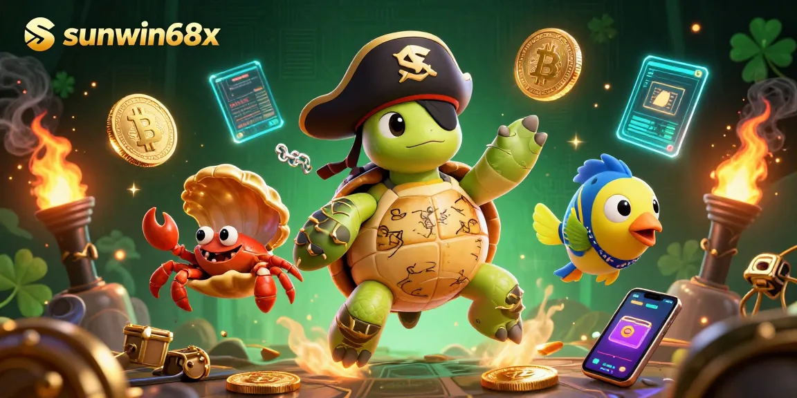 Play and win with sunwin68x at this vibrant, dynamic 3D casino scene featuring colorful characters.