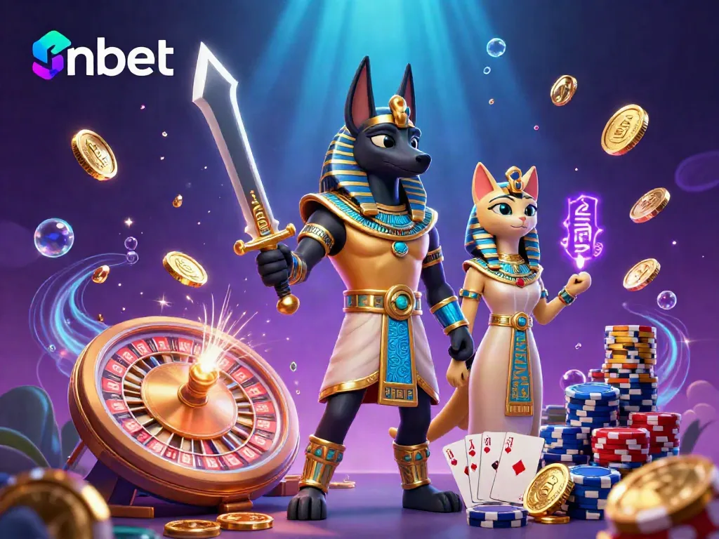 Experience thrilling nbet gaming with Anubis and Bastet amidst cascading coins and a spinning roulette wheel.
