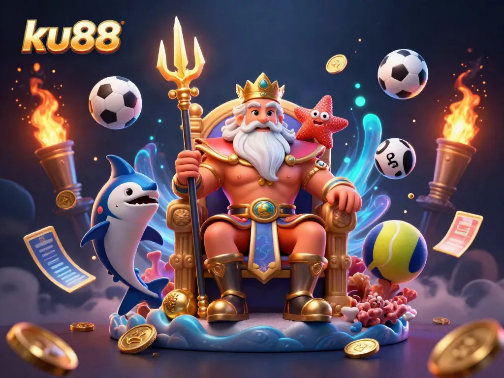 Join the excitement of ku88 with Neptune, a swordfish samurai, and vibrant sports elements in this dynamic scene.
