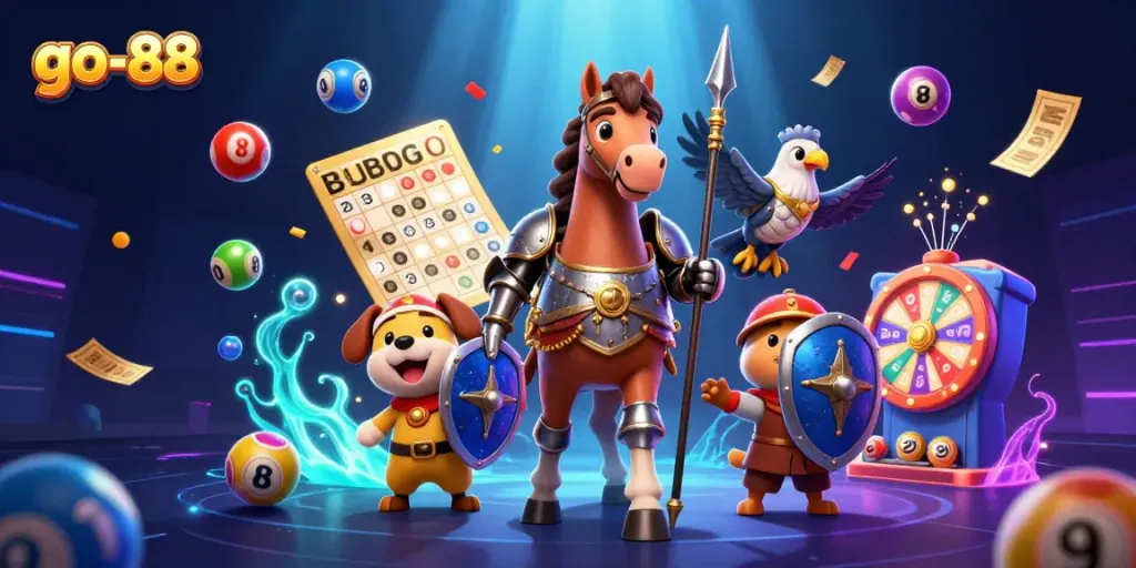 Engage in thrilling gameplay with go-88’s dynamic 3D casino scene, featuring knights, puppies, and festive game elements.