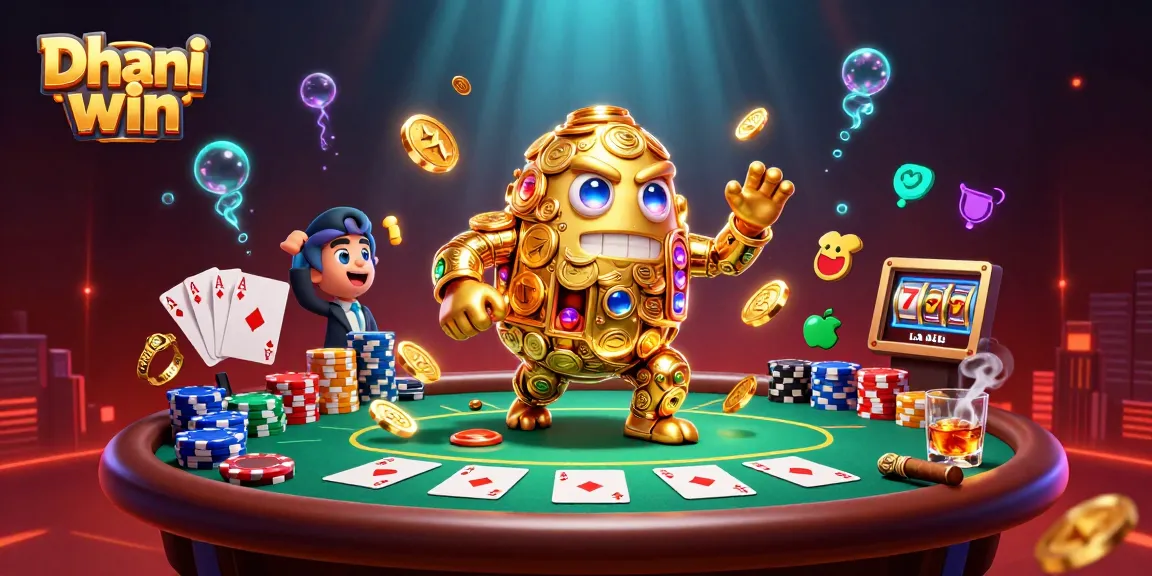 Dive into thrilling gameplay with the Dhani win golden golem surrounded by poker tables and vibrant game elements.