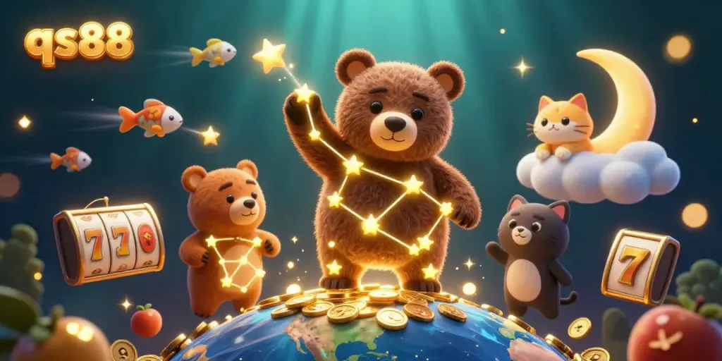 Engage with qs88's vibrant slots and jackpots in an enchanting 3D illustration.