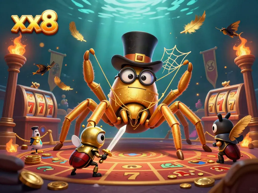Engage with exciting xx8 slot games amidst a vibrant casino scene featuring a golden tarantula and beetle knight.