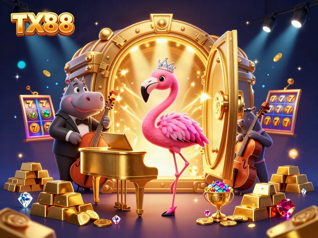 Experience the vibrant casino atmosphere with TX88, featuring a dazzling flamingo singer and hippo bassist.