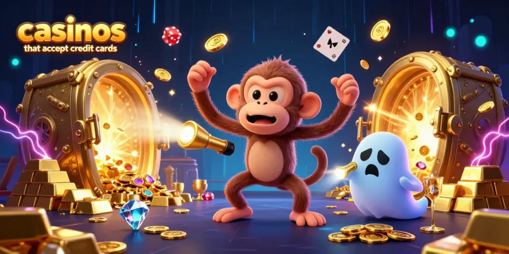 Experience thrilling action at casinos that accept credit cards with a poltergeist monkey and a curious puppy in a vibrant casino