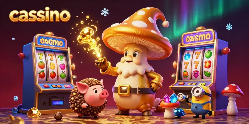 Experience a magical casino scene with a golden mushroom wizard, truffle pig, and vibrant slot machines.