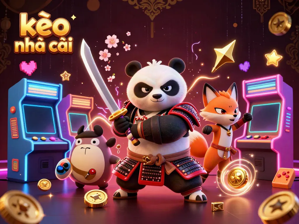 Experience kèo nhà cái with a dynamic 3D illustration featuring samurai panda, ninja fox, and spirit tanuki.